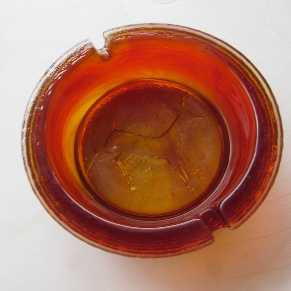 MCM Heavy Orange and Yellow Reverse Carved Glass Deer Design Ashtray - Picture 3 of 6